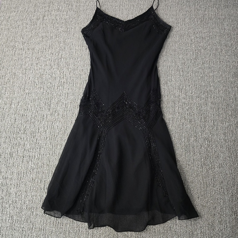 Leslie Fay Evenings Black Beaded Spaghetti Strap Cocktail Dress Women's 6 VTG